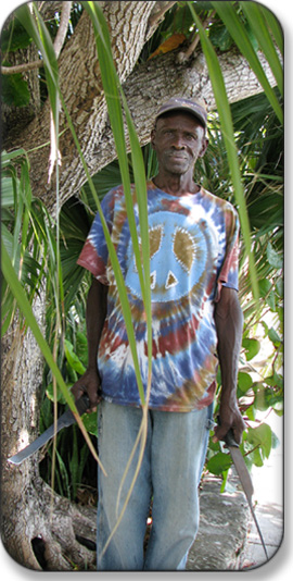 Bush medicine practitioner Mr. Forbes undereneath West Indian Almond Tree at Gerace Research Center, Bahamas Bush medicine practitioner Mr. Forbes at San Salvador, Bahamas